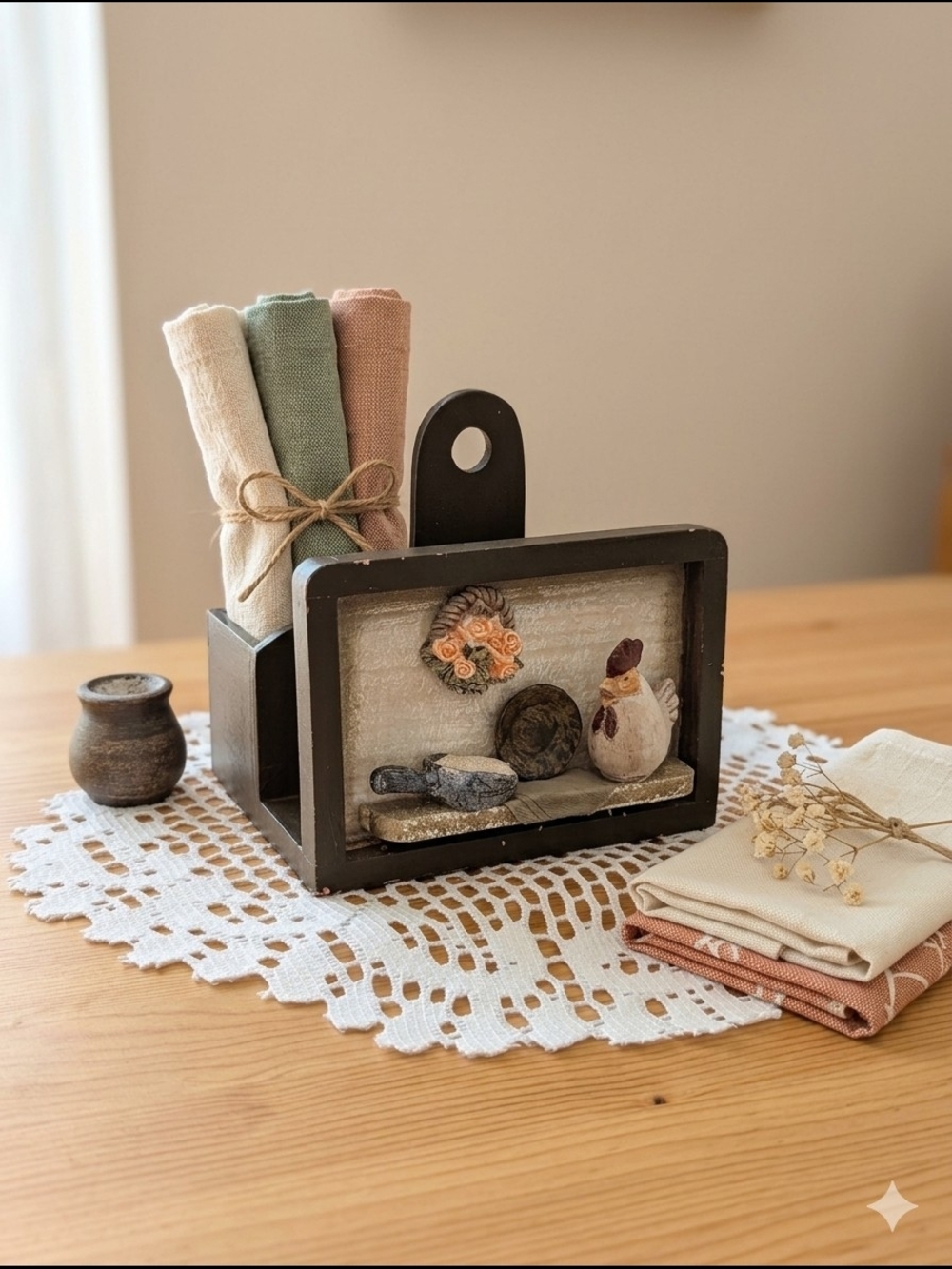 Rustic Wooden Napkin & Cozy Decor Caddy with Chick Accent - Cream, Sage, Blush